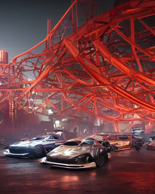 Prompt: exhibition of automobiles with some giant elements like velocimeters or wheels shaping the structures, neon lights, volumetric lighting, hyper realism, high detail, metallic surfaces, octane render, high contrast , 8k