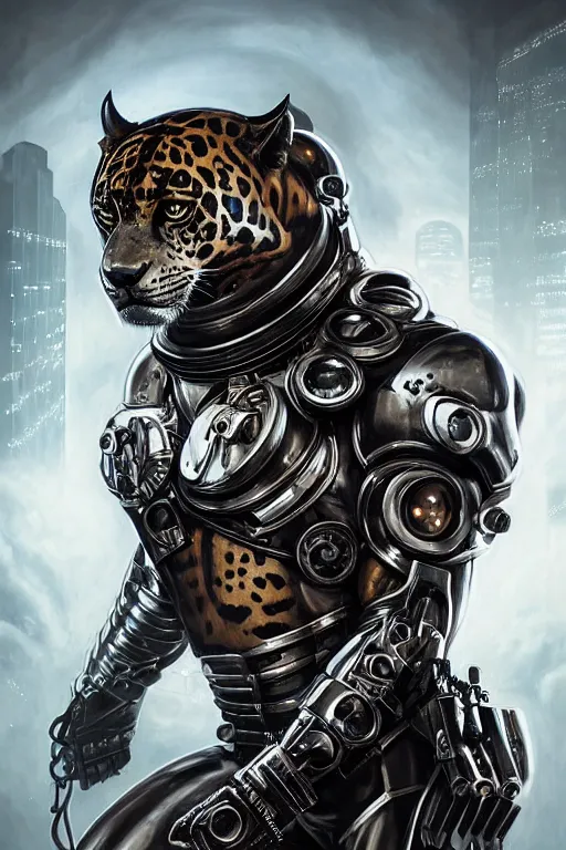 Image similar to a portrait of a muscular anthropomorphic cyberpunk jaguar in spacesuit armor with ensignia on chest plate by sandra chevrier, by jon foster, detailed render, post - processing, extremely hyperdetailed, intricate, epic composition, cybernetics, 4 k realistic, cryengine, realistic shaded lighting, sharp focus, masterpiece, by enki bilal