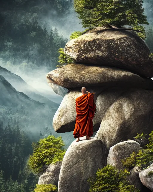 Prompt: a close up of a magical monk floating above a large rock in the mountains with trees in the background. highly detailed beautiful digital wallpaper art, 4 k, cinematic composition