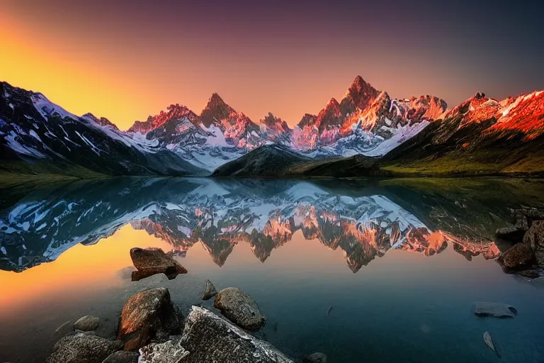 Prompt: amazing landscape photo of mountains with lake in sunset by marc adamus, beautiful, dramatic lighting