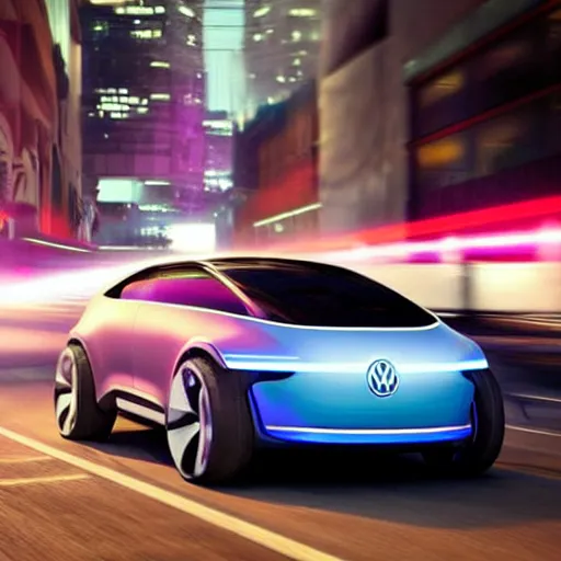 Image similar to a distant photo of a volkswagen idr concept car in a cyberpunk city. racing at extreme speeds. motion blur, purple lighting