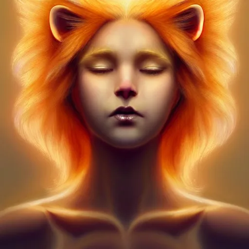 Image similar to Portrait of a girl angel with pale orange colored frizzy strands of illuminated hair, cat ears on her head, glowing halo, Lion's Mane, Lion's Gate, fantasy, intricate, elegant, highly detailed, digital painting, artstation, concept art, smooth, sharp focus, illustration, art by Krenz Cushart and Artem Demura and alphonse mucha