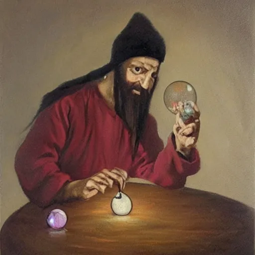 Image similar to painting by remus grecu, of fortune teller with crystal ball, and wealthy customer