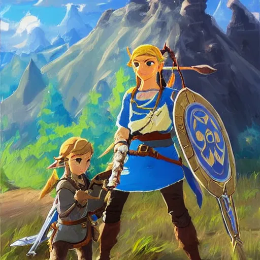 Image similar to oil painting of zelda breath of the wild, mountain in the background. beautiful, rpg, dnd, artgerm, disney, pixar