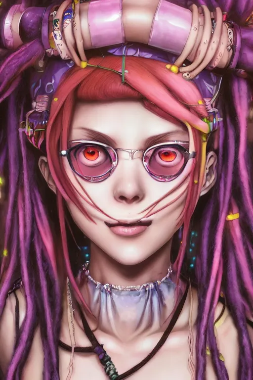 Image similar to portrait of an anime manga hippie girl with pink and brown dreads, straight on portrait, by artgerm, james jean, tom bagshaw, gerald brom, vaporwave colors, lofi colors, vaporwave, lofi, goth vibe, 4 k, smooth, hd, substance designer render, symmetrical,