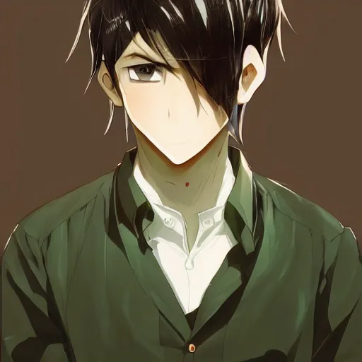 Prompt: An anime portrait of a smiling man with very short black hair, brown eyes with green speckles, stubble, wearing a shirt, medium shot, whole head, by Stanley Artgerm Lau, WLOP, Rossdraws, James Jean, Andrei Riabovitchev, Marc Simonetti, and Sakimi chan, trending on artstation