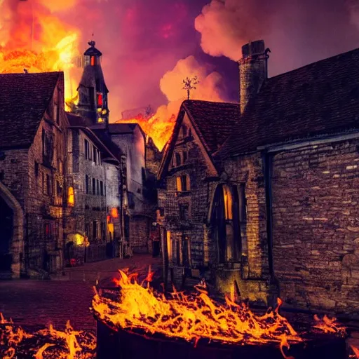 Prompt: a medieval city, plague, glowing fire, many people, wide angle