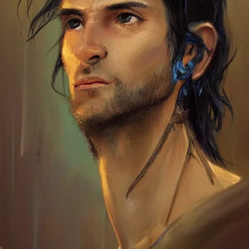 Image similar to Portrait of a man by Greg Rutkowski, he is about 30 years old, messy long black hair, tired appearance, roman nose, he has become some sort of biomechanical transhuman god with eyes that glow electric blue, peaceful but sad expression, highly detailed portrait, digital painting, artstation, concept art, smooth, sharp foccus ilustration, Artstation HQ.