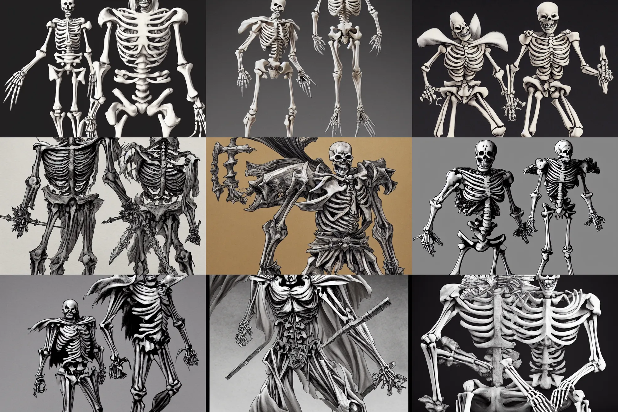 Prompt: a full body shot of a Skeleton warrior by Takeshi Obata and Kentaro Miura, skeleton face,wears shorts, highly detailed,artstation,manga