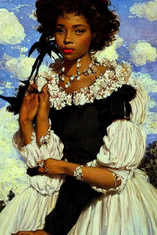 Image similar to close - up fashion black woman portrait airy flowers clouds art by vasnetsov