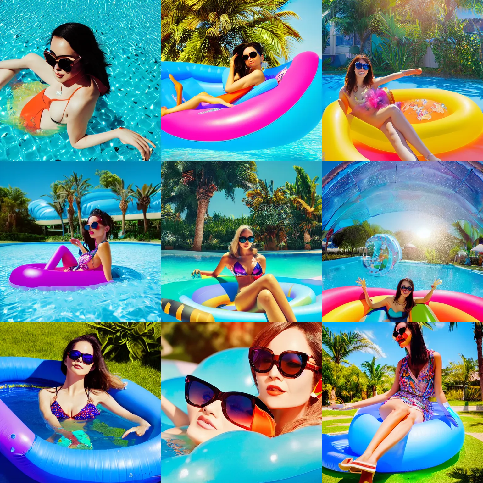 Prompt: an elegant woman with sunglasses in an inflatable pool, vivid colors, bokeh, medium shot, painted by rossdraws, greg rutkowski, thomas kindkade