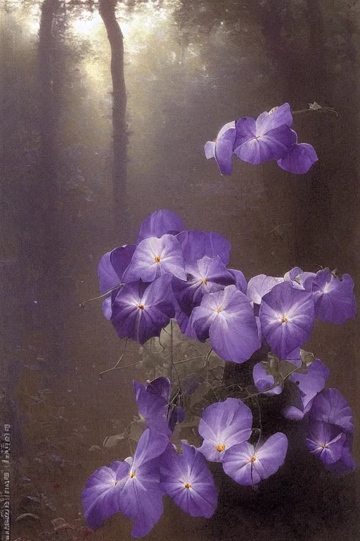 Image similar to moody painting of purple morning glory flowers vining and growing in a forest dimly lit at night. foggy volumetric darkness, muted colour palette oil painting on canvas william - adolphe bouguereau