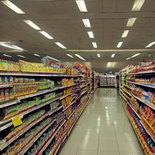 Prompt: photo of a grocery store interior, the aisles is flooded with two meters deep water. eerie, volumetric lighting.