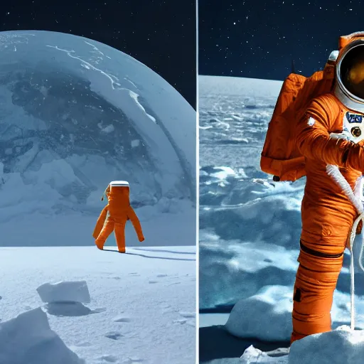 Prompt: astronaut in orange polar exploration suit crouching down in the snow behind a small otherworldly plant, concept art