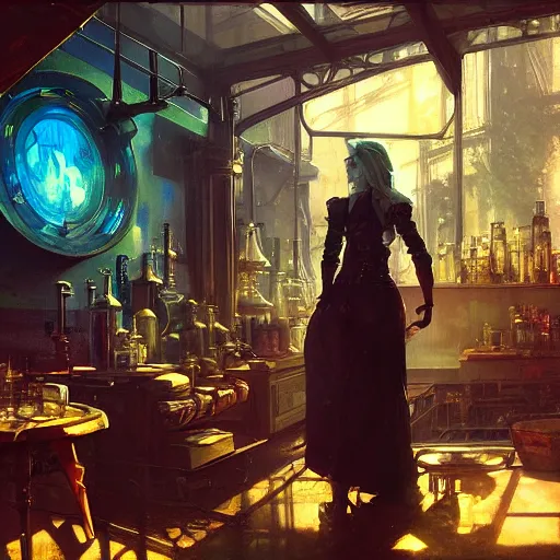 Image similar to cyberpunk alchemy laboratory full of potions, ciri from the witcher it's in the lab. by jeremy mann and alphonse mucha, photo realistic, dynamic lighting, windy, artstation, poster, dreamy, volumetric lighting, ethereal, 4 k, high detail