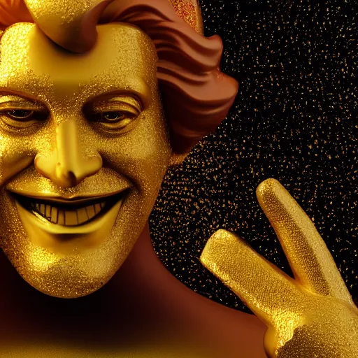 Image similar to A still of Ronald McDonald surrounded by gold and diamonds, Award-winning, photograph, 3d render, unreal engine, 4k detailed