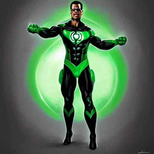 Prompt: A studio full body shot of a photorealistic green lantern performer by Jamie Foxx, symmetrical face, deep focus, D&D, fantasy, intricate, elegant, highly detailed, digital painting, artstation, concept art, matte, sharp focus, illustration, hearthstone, art by Artgerm and Greg Rutkowski and Alphonse Mucha