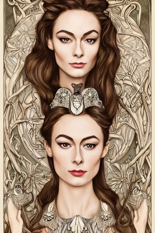 Prompt: Art Nouveau Queen of owls, a beautiful young Austrian woman who looks like a mix of Audrey Hepburn and Olivia Wilde, perfect skin, perfect face, gorgeous, symmetrical face, symmetrical body, artgerm, flowing hair, realistic, photorealistic, editorial photograph, portrait, detailed, intricate, focused, muted colors, artstation, border and embellishments inspiried by alphonse mucha, fractals in the background, galaxy