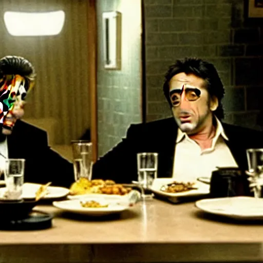 Image similar to movie still of the dinner scene in Heat, al pacino and robert de niro as old men, cinematic,