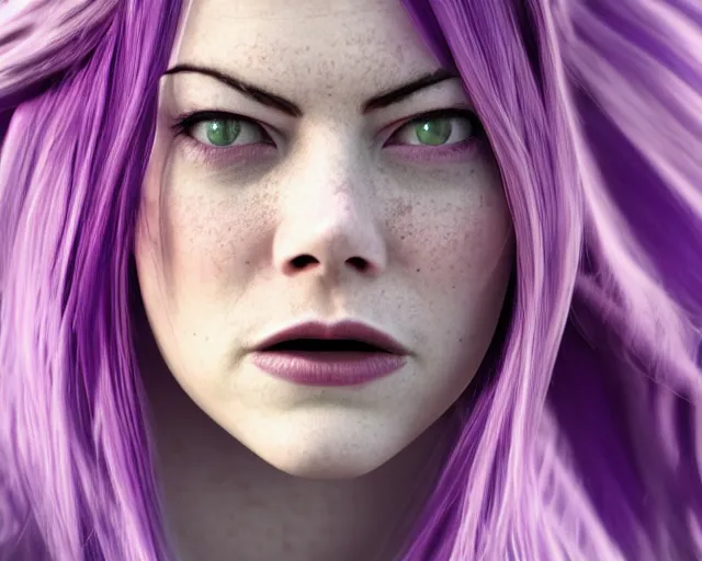 Prompt: purple-haired Emma Stone, epic knife battle pose, cinematic, 4k, hyper realistic, super detailed