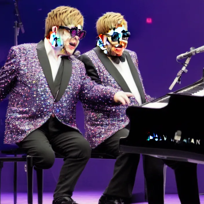 Image similar to hyper realistic, high detail photo of elton john and billy joel playing the piano, beautiful, dreary lighting