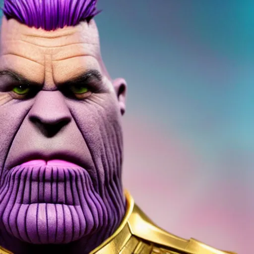 Image similar to thanos as a muppet. purple skin. highly detailed felt. hyper real photo. 4 k.