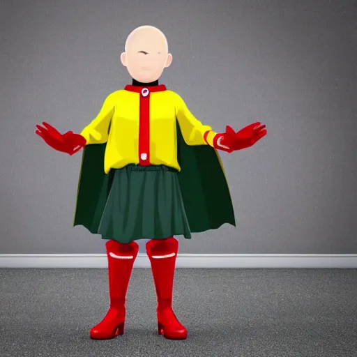 Prompt: anime baldy man with long - sleeved light - yellow shirt, red gloves, red boots and avery white cape