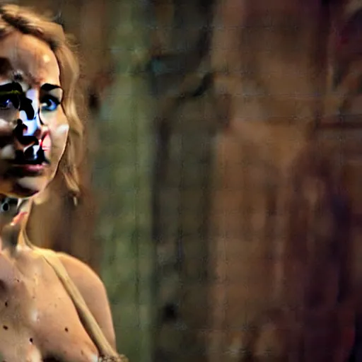 Prompt: cinematic jennifer lawrence as frankensteins monster, color photography, sharp detail, she is amused, still from the movie mary shelly's frankestein