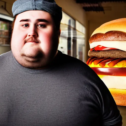 Image similar to Close up portrait of a chubby man with a bakery the background. Photorealistic. Award winning. Dramatic lighting. Intricate details. UHD 8K. He looks guilty.