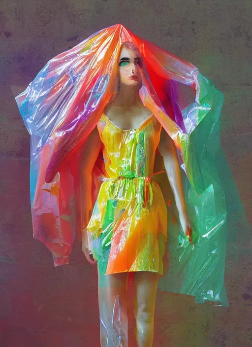 Prompt: colorful rainbow woman in a translucent clothing made from plastic bag with paper bags for clothes standing inside paper bags with paper bag over the head at store display, highly detailed, artstation, art by PAUL LEHR