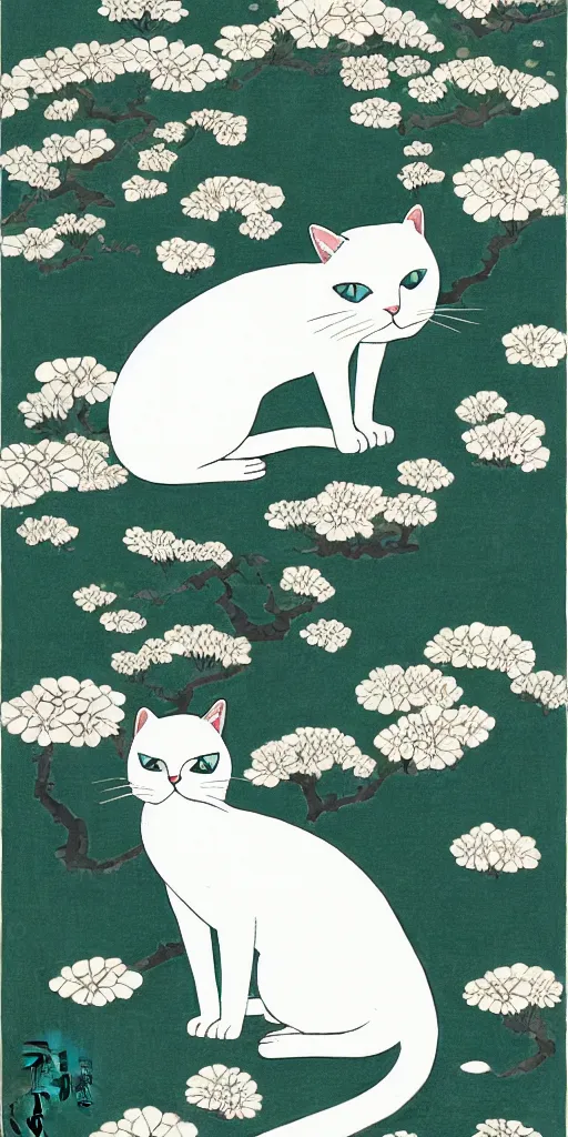 Image similar to white cat in center of an ancient japanese garden, in the style of victo ngai, animal portrait