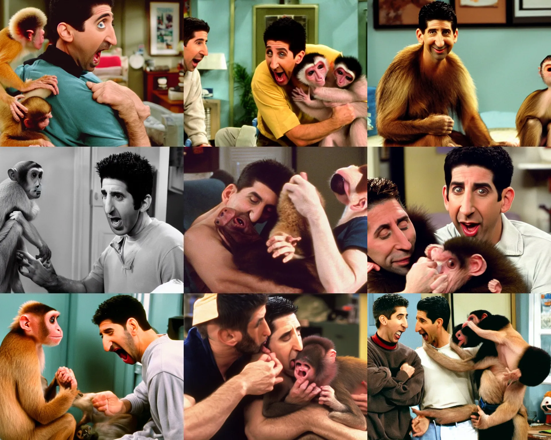 Prompt: ross geller in his apartment being bitten on the arm by a capuchin monkey, ross geller screaming, friends 9 0 s sitcom, kodak porta, wide shot