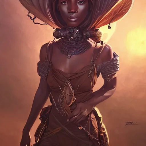 Image similar to african steampunk alchemist, science fiction, highly detailed, digital painting, beautiful eyes, symmetry, concept art, sharp focus, illustration, global illumination, radiant light, detailed and intricate environment, art by artgerm and greg rutkowski and magali villeneuve and ilya kuvshinov!