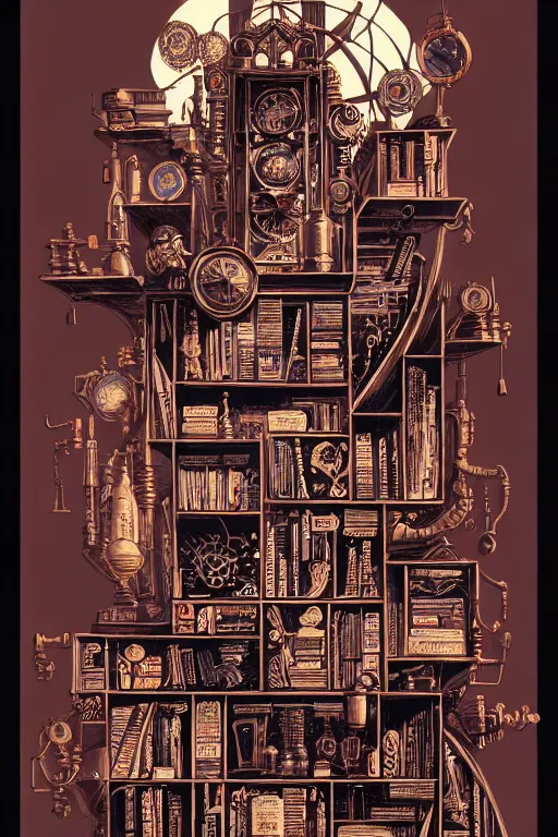 Image similar to a majestic steampunk alchemists bookshelf, two point perspective, furniture, high details, bold line art, by vincent di fate and joe fenton, inking, etching, screen print, masterpiece, trending on artstation, sharp, high contrast, hyper - detailed,, hd, 4 k, 8 k