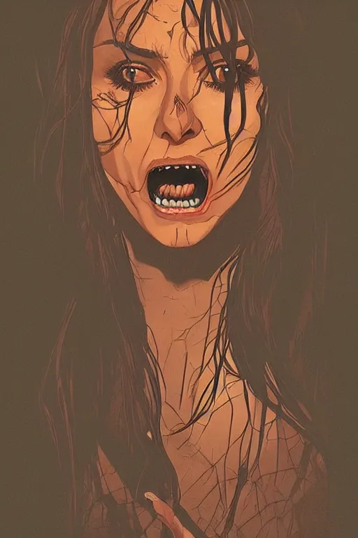 Prompt: nina dobrev in sleepy hollow, full body, big two toned eyes, teeth gritted, horror, intricate details, cinematic, epic, realistic, anatomy, tomer hanuka, uplight, artstation, photorealistic, scary