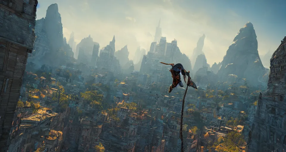 Image similar to an epic fantasy comic book style landscape painting of a hooded thief using a rope to climb a tall building with a fantasy city, unreal 5, daz, hyperrealistic, octane render, dynamic lighting