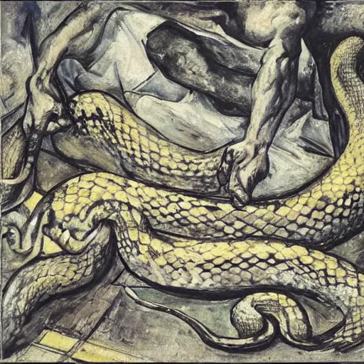 Image similar to by oskar kokoschka, by carel willink monumental. a beautiful print of a snake eating its own tail that seems to go on forever.