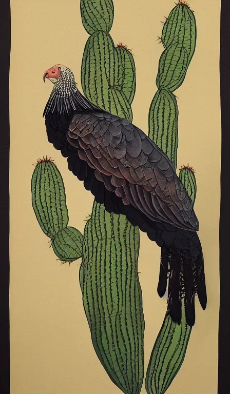 Image similar to turkey vulture sitting on cactus by Shen Quan, hanging scroll, ink and colours on silk