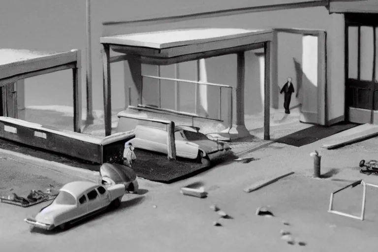 Prompt: a desolate urban scene by edward hopper, futuristic claymation art, diorama