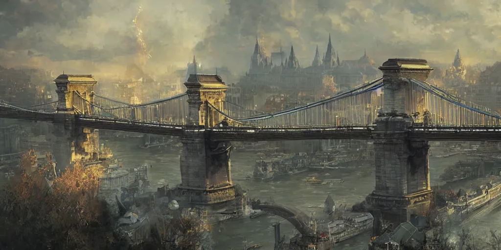 Image similar to kaiju in budapest, chain bridge painting, greg rutkowski, craig mullins, detailed, cinematic