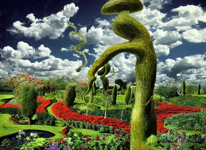 Image similar to surreal garden by dali, surreal plants by dali, surreal sky by dali, hypresurreal