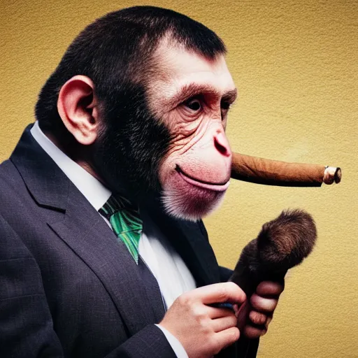 Image similar to a high detail closeup shot of a depressed monkey wearing a suit and smoking a cigar