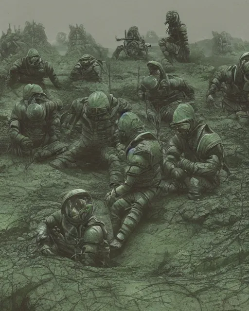 Prompt: group of sardaukar soldiers in a chlorine swamp, green hour, retrofuturism sci - fi old movie, highly detailed, photorealistic, 8 k, by beksinski and stalenhag