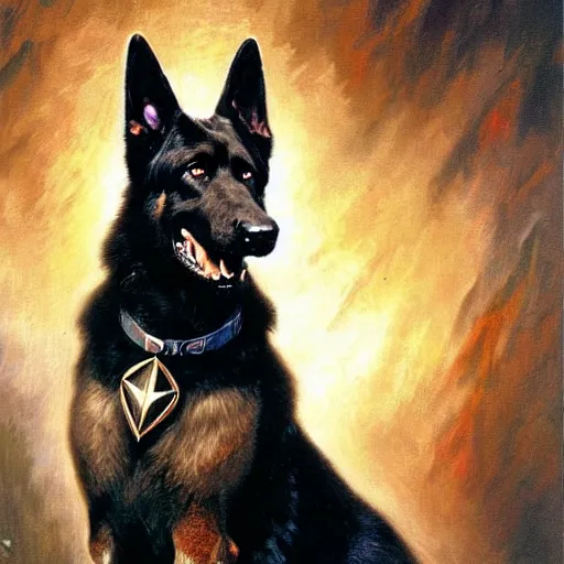 Prompt: a portrait of a manly and muscular and handsome and attractive black german shepherd dogman canine, star trek the next generation. highly detailed painting by gaston bussiere, craig mullins, j. c. leyendecker, furry