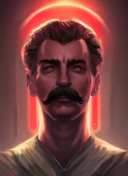 Image similar to « a portrait o cyberpunk joseph stalin, glowing eyes, a digital painting by charlie bowater, featured on cgsociety, fantasy art, behance hd, wiccan, artstation hd »