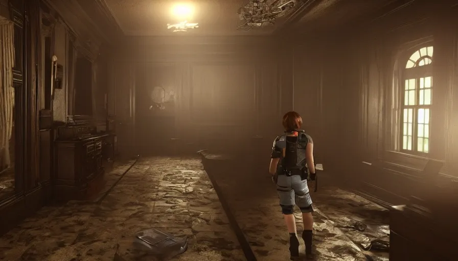 Image similar to Ingame Screenshot of 8k ultra realistic Resident Evil game , Rebecca Chambers in a mansion, detailed, cinematic lighting, 4k, hyperrealistic, focused, extreme details,unreal engine 5, cinematic