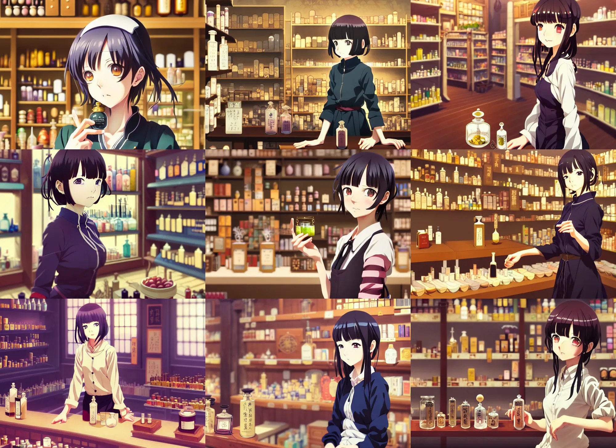 Prompt: anime visual, portrait of a young female traveler in a alchemist's potion shop interior shopping, cute face by ilya kuvshinov, yoshinari yoh, makoto shinkai, katsura masakazu, moody, dynamic perspective pose, detailed facial features, kyoani, rounded eyes, crisp and sharp, cel shade, lomography