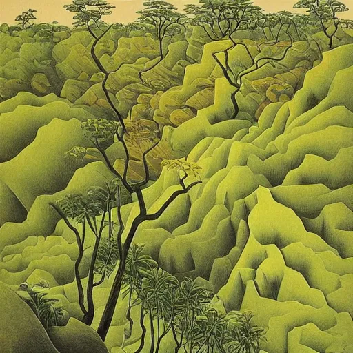 Image similar to painting of a lush natural scene on an alien planet by mc escher. beautiful landscape. weird vegetation. cliffs and water.