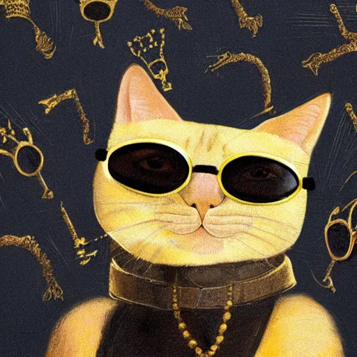 Image similar to a man - cat wearing a golden crown and black goggles