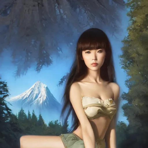 Prompt: oil painting by ilya kuvshinov,, baugh casey, artgerm craig mullins, sakimi, coby whitmore, of a youthful japanese girl, long hair, female warrior in the alps, highly detailed, otherworldly face, disney palace in background studio photography, noon, intense bounced light, water reflection, large tree casting shadow, by zack snyder